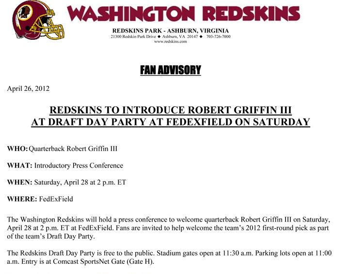 RG3 to attend Redskins Draft Party