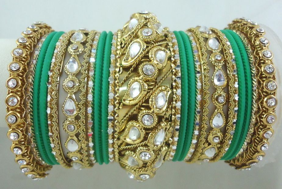 46 Pcs Indian Ethnic Neon Green Gold Tone Cz Kundan Bridal Bangle Churi ...