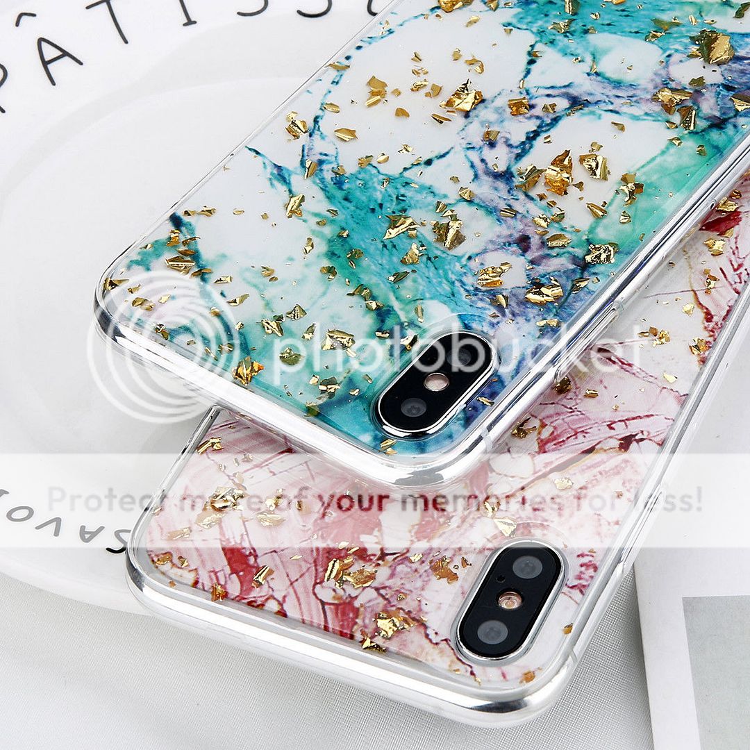 Ultra Slim Marble Stone Print Gold Foil Leaf Flakes Rubber Case